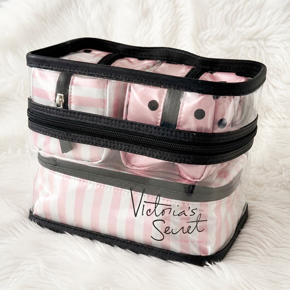 VICTORIA’S SECRET | Pink Stripe Train Case Cosmetic Organizer | Set of 4 Bags